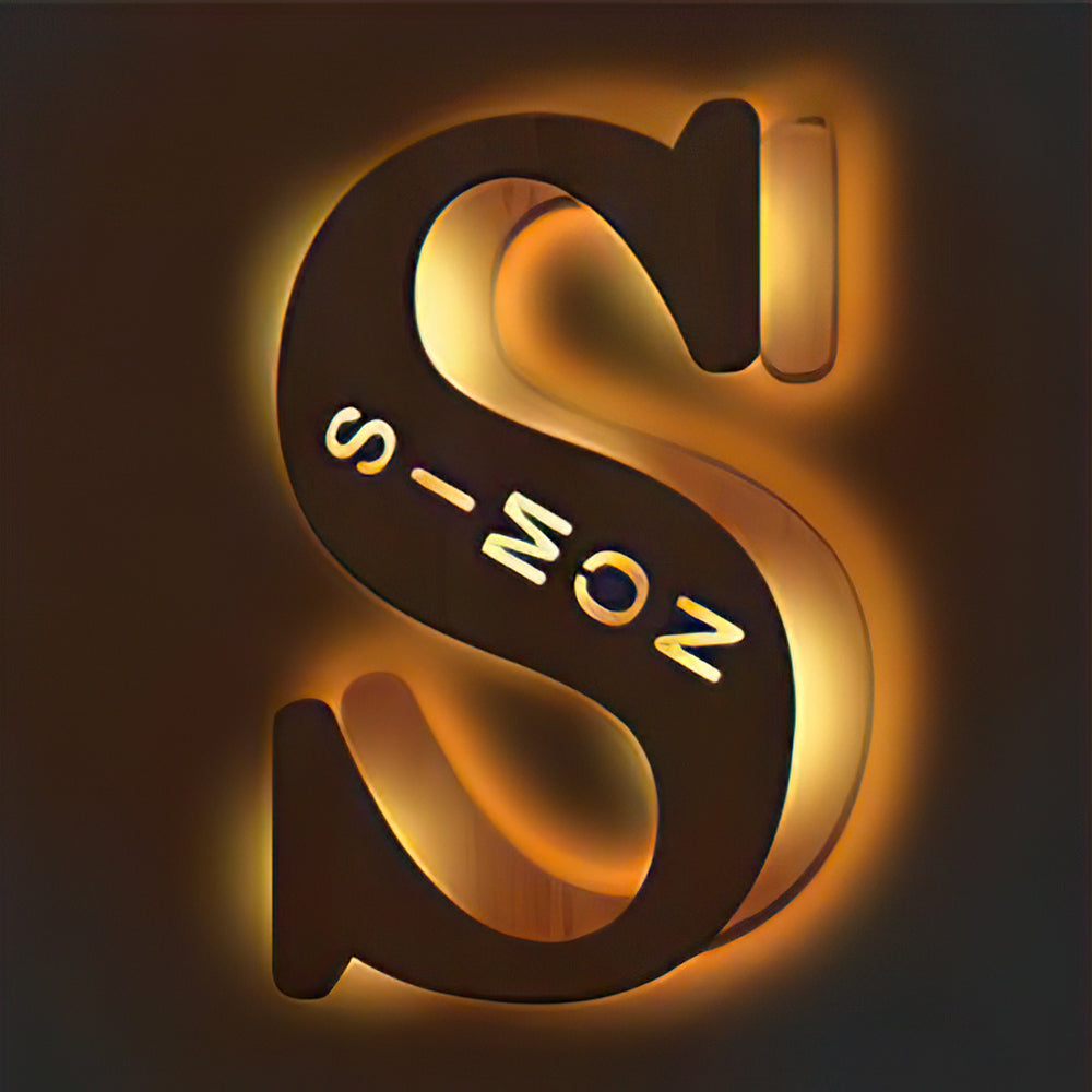 Personalized wooden letter 'S' night light with 'SIMON' name, warm LED glow, 28cm home decor.