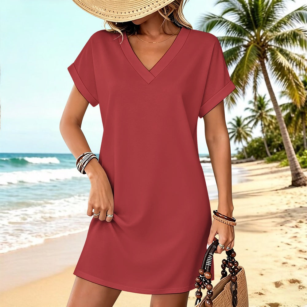 Women's Casual V-neck Dress with Turn-up Cuffs