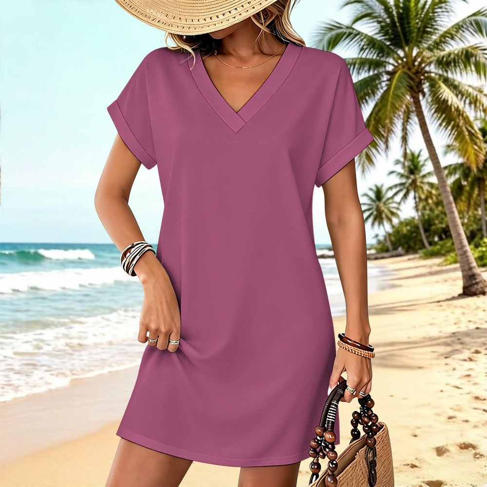 Women's Casual V-neck Dress with Turn-up Cuffs