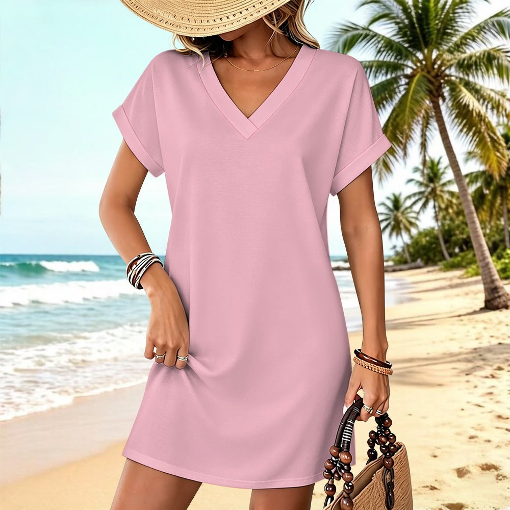 Women's Casual V-neck Dress with Turn-up Cuffs