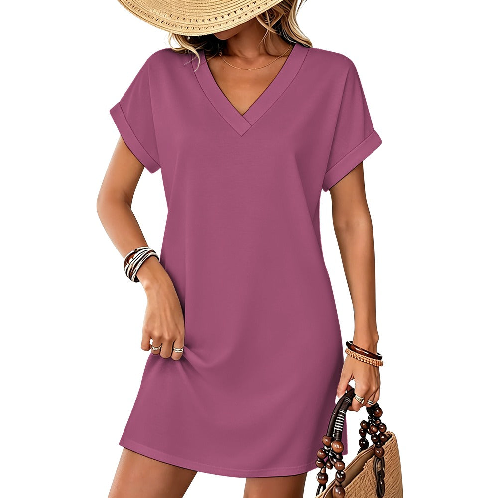 Women's Casual V-neck Dress with Turn-up Cuffs